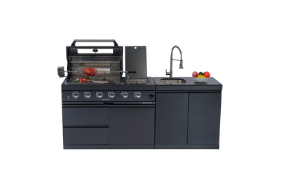 79" 4-Burner 72,000 BTU Black Outdoor Kitchen Island Grill + Side Burner + Rotisserie kit +Sink