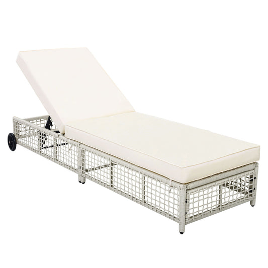 Outdoor Lounge Chair With 5-Position Adjustable Backrest, Cushion & Wheels