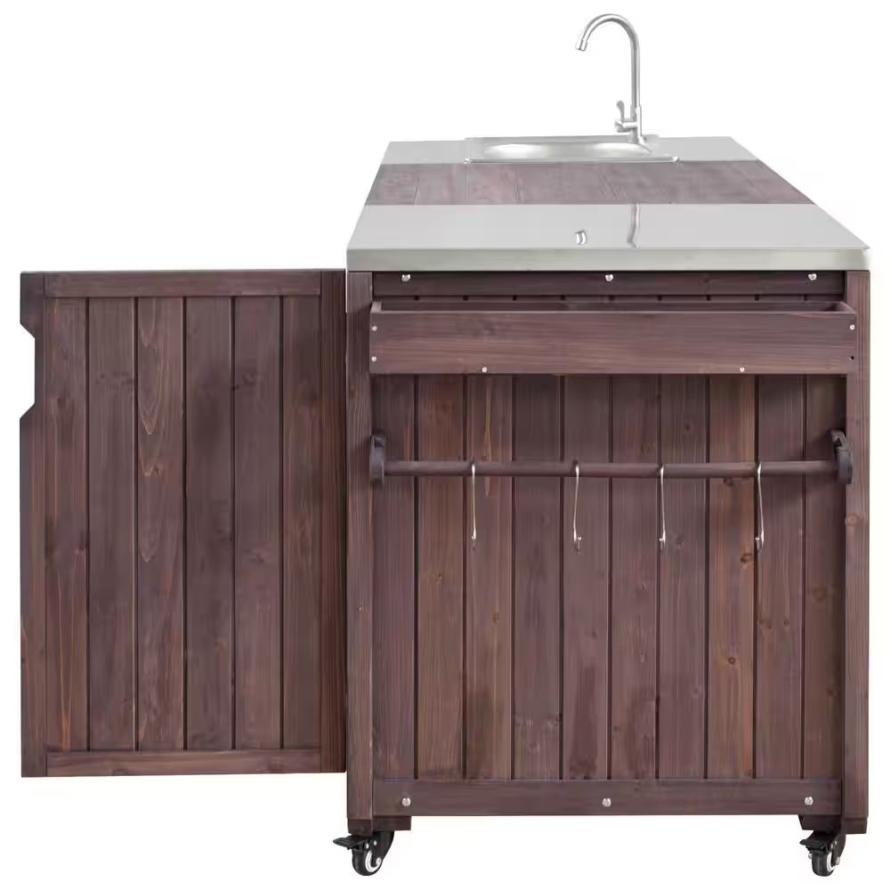 Farmhouse Dark Brown Stainless Steel 75.4 In. Rolling Kitchen Island Outdoor Bar Cart for Big Green Egg Grills with Sink