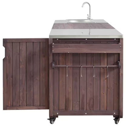 Farmhouse Dark Brown Stainless Steel 75.4 In. Rolling Kitchen Island Outdoor Bar Cart for Big Green Egg Grills with Sink