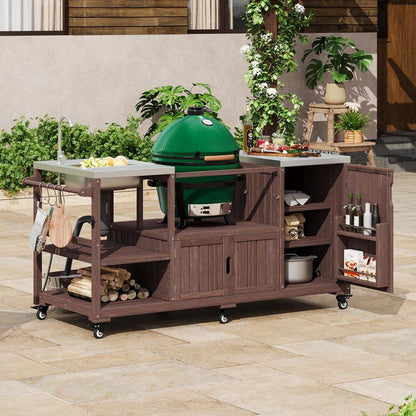 Farmhouse Dark Brown Stainless Steel 75.4 In. Rolling Kitchen Island Outdoor Bar Cart for Big Green Egg Grills with Sink