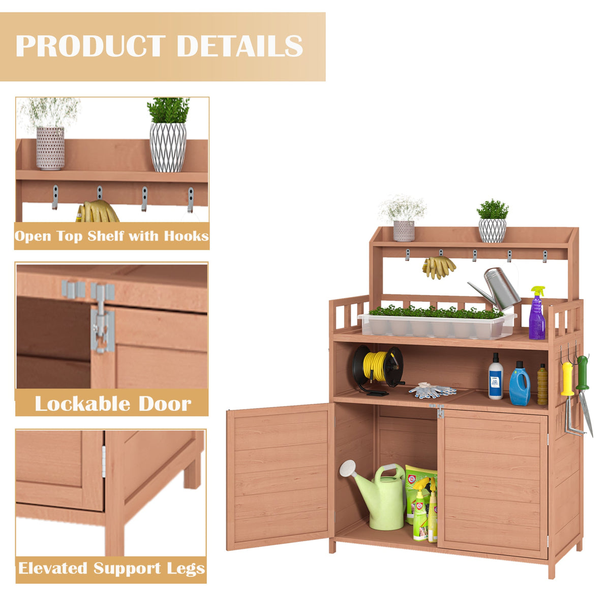39-Inch Solid Fir Wood Potting Bench with Storage Cabinet & Top Shelf