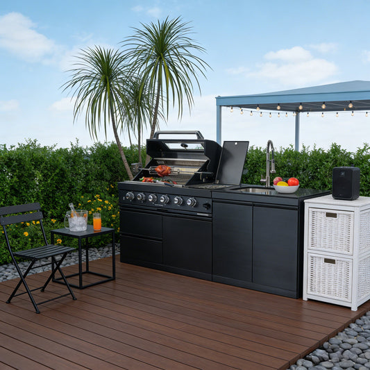 79" 4-Burner 72,000 BTU Black Outdoor Kitchen Island Grill + Side Burner + Rotisserie kit +Sink