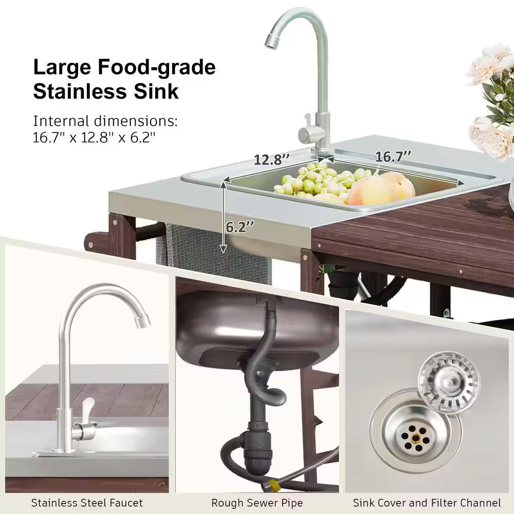 Farmhouse Dark Brown Stainless Steel 75.4 In. Rolling Kitchen Island Outdoor Bar Cart for Big Green Egg Grills with Sink