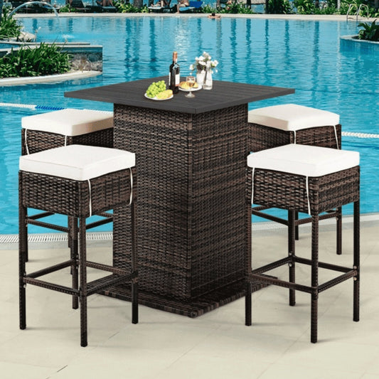 Alora 5-Piece Outdoor Patio Rattan Bar Table & Stool Set With Hidden Storage Shelf & Cushions