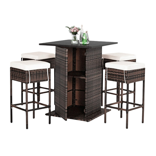 Alora 5-Piece Outdoor Patio Rattan Bar Table & Stool Set With Hidden Storage Shelf & Cushions
