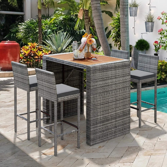 Alora 5-Piece Wicker Patio Bar Set With Cushions & Acacia Wood Table