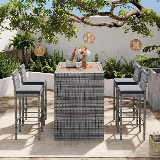 Alora 5-Piece Wicker Patio Bar Set With Cushions & Acacia Wood Table