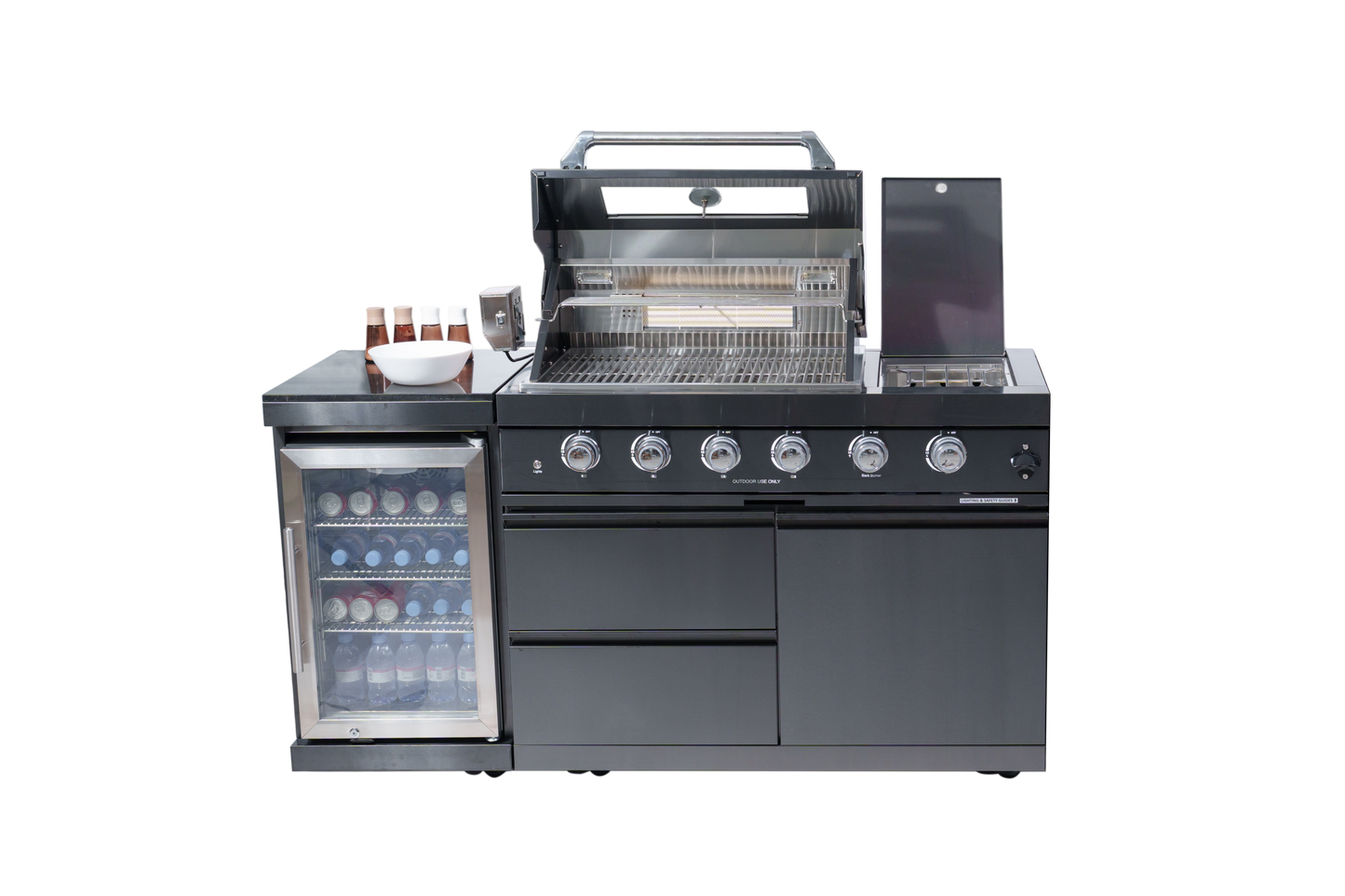 65" 4-Burner 72,000 BTU Black Outdoor Kitchen Island Grill + Wine Cooler + Rotisserie Kit