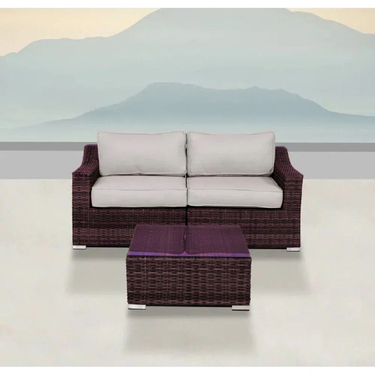 Wicker Patio Loveseat & Glass-Top Coffee Table Set – Brown Mix