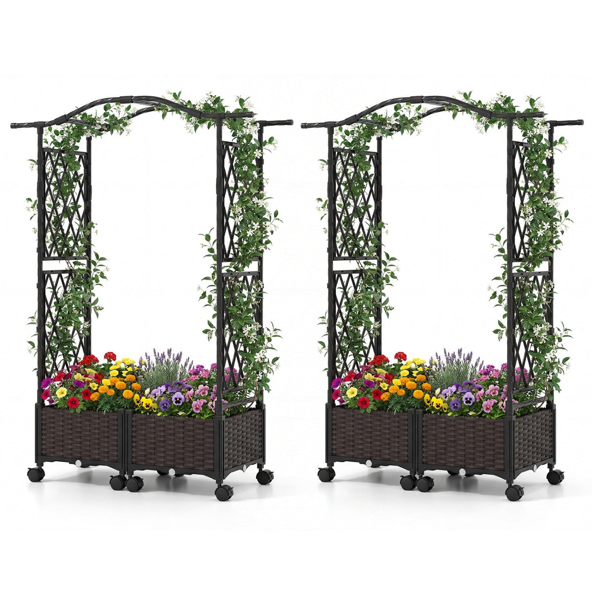 Raised Garden Planter with Arch Trellis, 2 Boxes & Lockable Wheels