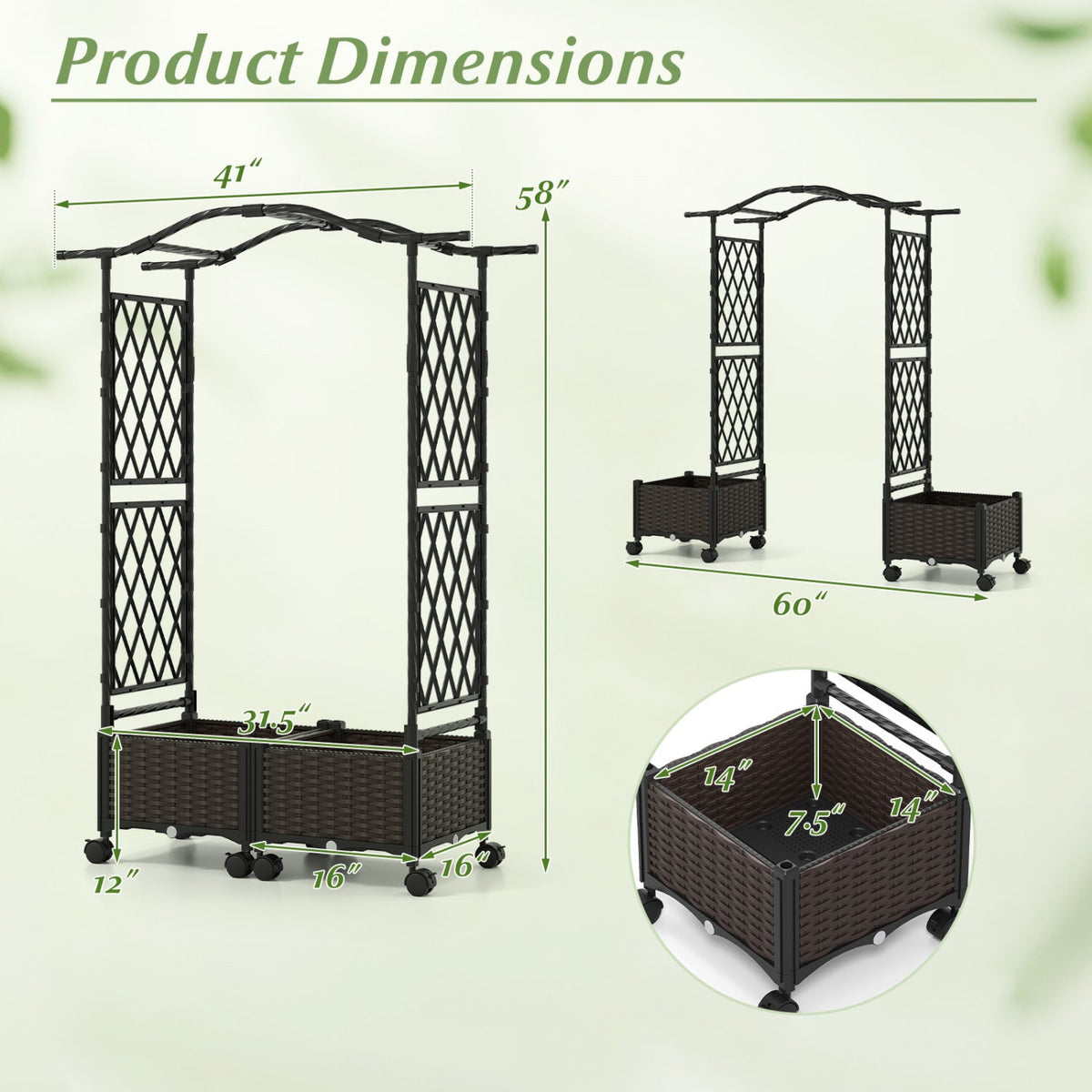 Raised Garden Planter with Arch Trellis, 2 Boxes & Lockable Wheels