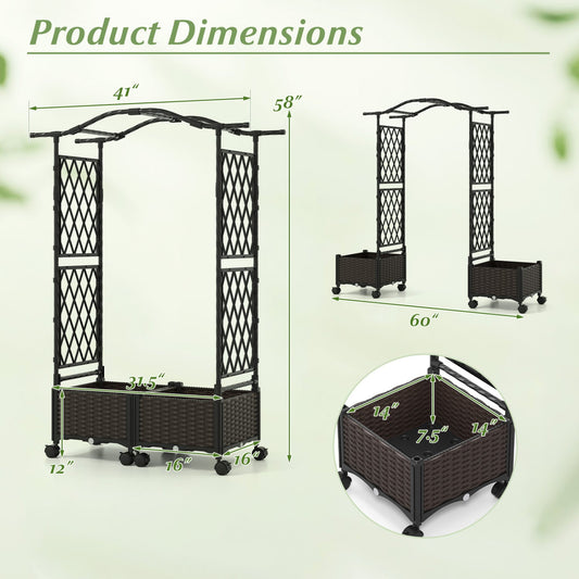 Raised Garden Planter with Arch Trellis, 2 Boxes & Lockable Wheels
