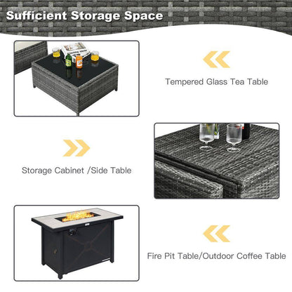 9-Pieces Patio Rattan Furniture Set Fire Pit Table Storage Black with Cover off White
