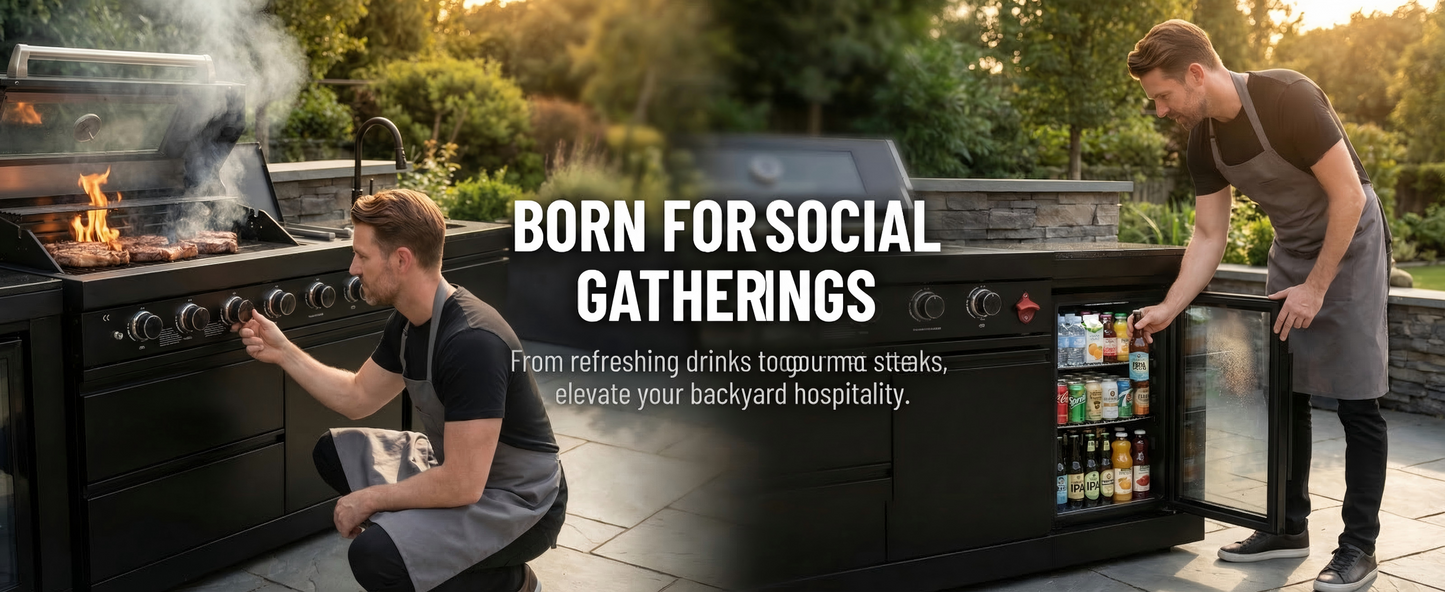85" 4-Burner 85000 BTU Black Outdoor Kitchen Island Grill with Compact Refrigerator Marble Countertops Sink