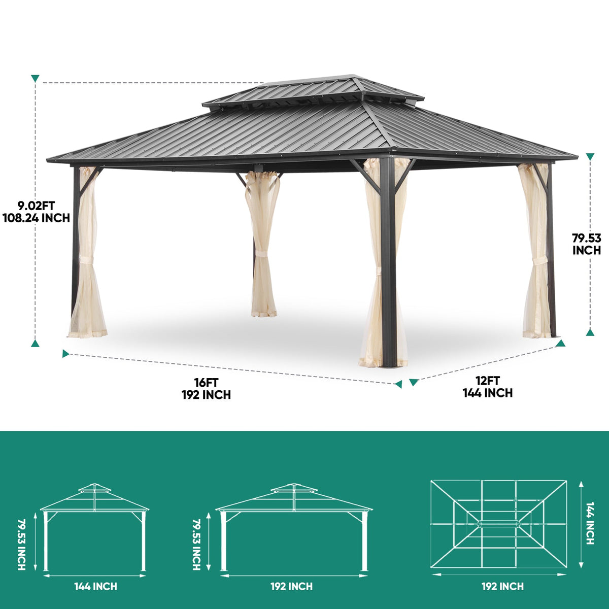 Ainfox 12 × 16 ft Steel Patio Gazebo with Double Roof & Mesh Screening