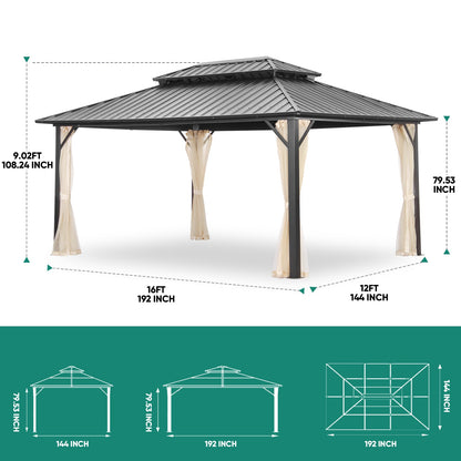Ainfox 12 × 16 ft Steel Patio Gazebo with Double Roof & Mesh Screening