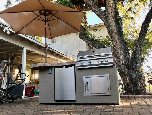 KoKoMo Maui 7'6" BBQ Island With Built-In Grill, 33" Round Bar & LED Lighting – Outdoor Kitchen Entertaining Center