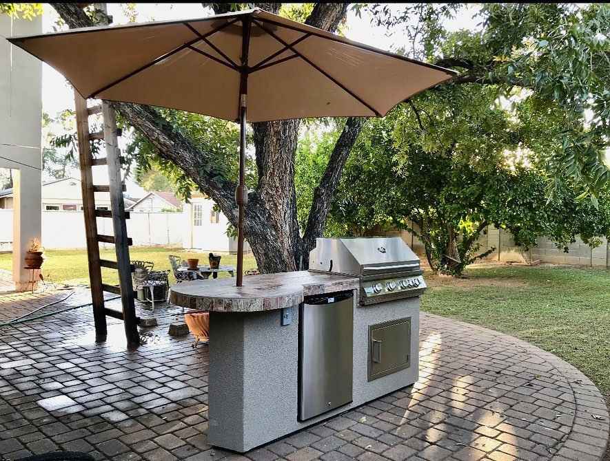 KoKoMo Maui 7'6" BBQ Island With Built-In Grill, 33" Round Bar & LED Lighting – Outdoor Kitchen Entertaining Center