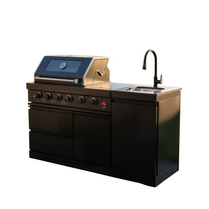 65" 4-Burner 72,000 BTU Black Outdoor Kitchen Island Grill + Round Side Burner