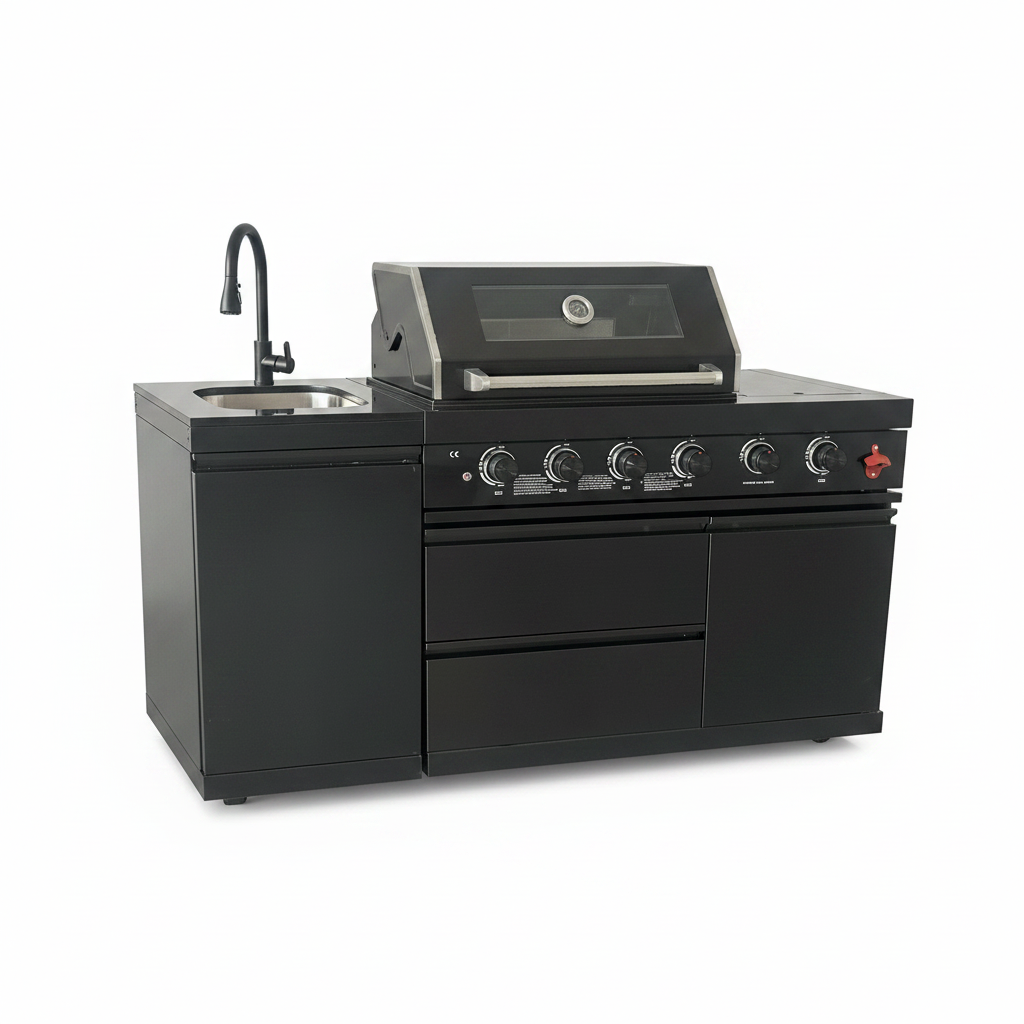65" 4-Burner 72,000 BTU Black Outdoor Kitchen Island Grill + Round Side Burner