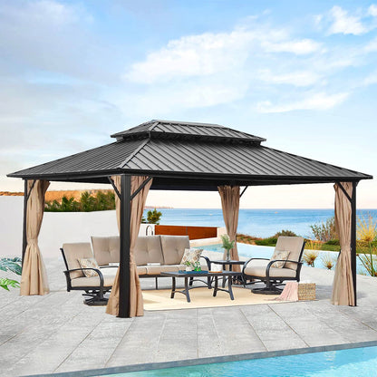 Ainfox 12 × 16 ft Steel Patio Gazebo with Double Roof & Mesh Screening