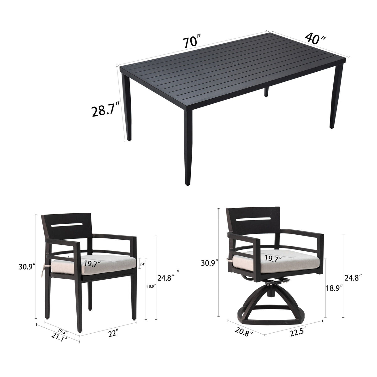 Black Aluminum Patio Dining Set with Sunbrella® Cushions & Umbrella-Hole Table
