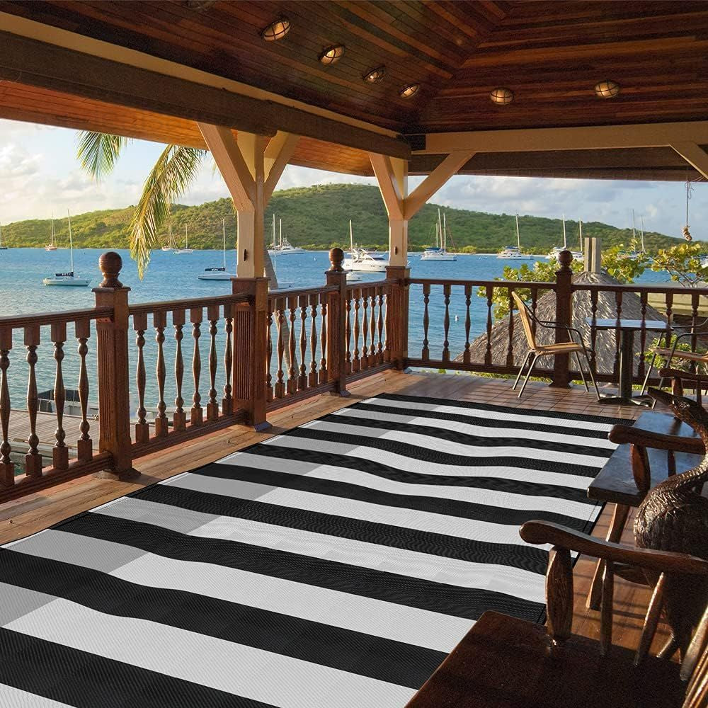 Plastic Straw Rug,9'X12' Outdoor 9' X 12', Black/White