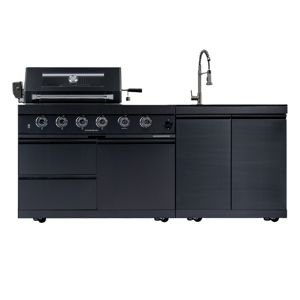 79" 4-Burner 72,000 BTU Black Outdoor Kitchen Island Grill + Side Burner + Rotisserie kit +Sink