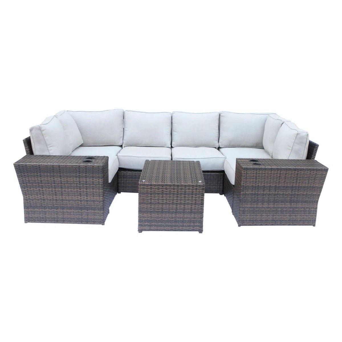 Dark Brown 7-Seater Wicker Sectional Set with Table
