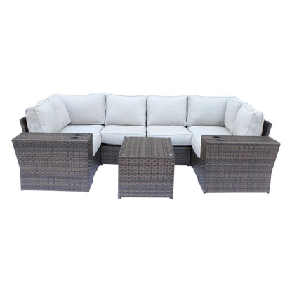 Dark Brown 7-Seater Wicker Sectional Set with Table