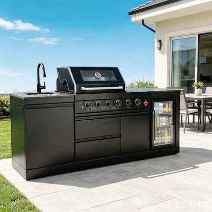 85" 4-Burner 85000 BTU Black Outdoor Kitchen Island Grill with Compact Refrigerator Marble Countertops Sink