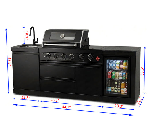 85" 4-Burner 85000 BTU Black Outdoor Kitchen Island Grill with Compact Refrigerator Marble Countertops Sink