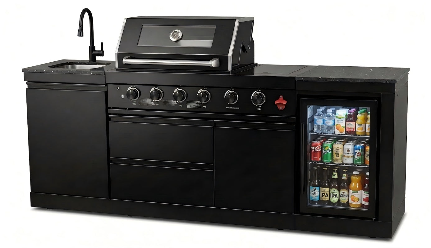 85" 4-Burner 85000 BTU Black Outdoor Kitchen Island Grill with Compact Refrigerator Marble Countertops Sink