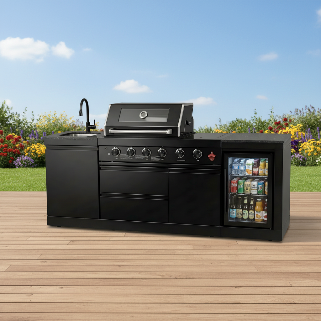 85" 4-Burner 85000 BTU Black Outdoor Kitchen Island Grill with Compact Refrigerator Marble Countertops Sink