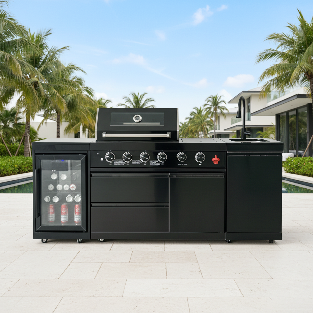 85" 4-Burner 85000 BTU Black Outdoor Kitchen Island Grill with Compact Refrigerator Marble Countertops Sink