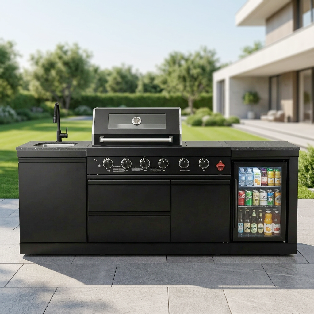 85" 4-Burner 85000 BTU Black Outdoor Kitchen Island Grill with Compact Refrigerator Marble Countertops Sink