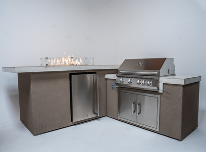 KoKoMo 7'6" x 9' Outdoor Kitchen Island With Built-In Fire Feature, Grill & Weather-Resistant Construction