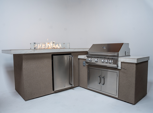 KoKoMo 7'6" x 9' Outdoor Kitchen Island With Built-In Fire Feature, Grill & Weather-Resistant Construction
