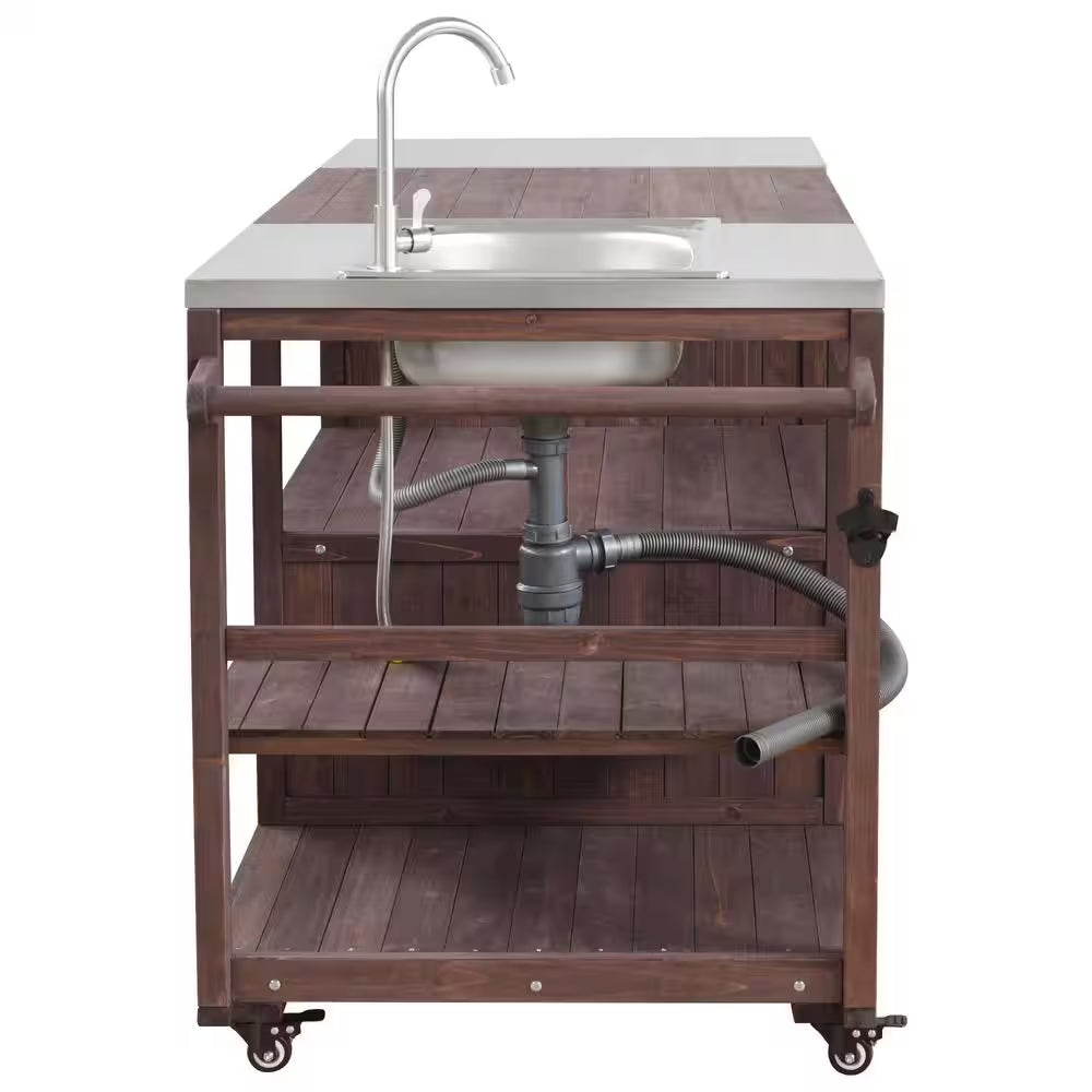 Farmhouse Dark Brown Stainless Steel 75.4 In. Rolling Kitchen Island Outdoor Bar Cart for Big Green Egg Grills with Sink