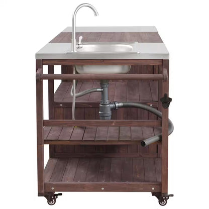 Farmhouse Dark Brown Stainless Steel 75.4 In. Rolling Kitchen Island Outdoor Bar Cart for Big Green Egg Grills with Sink