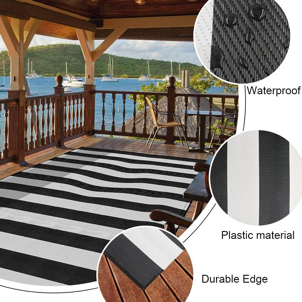 Plastic Straw Rug,9'X12' Outdoor 9' X 12', Black/White
