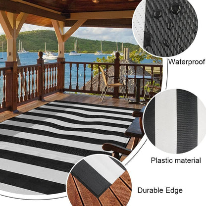Plastic Straw Rug,9'X12' Outdoor 9' X 12', Black/White