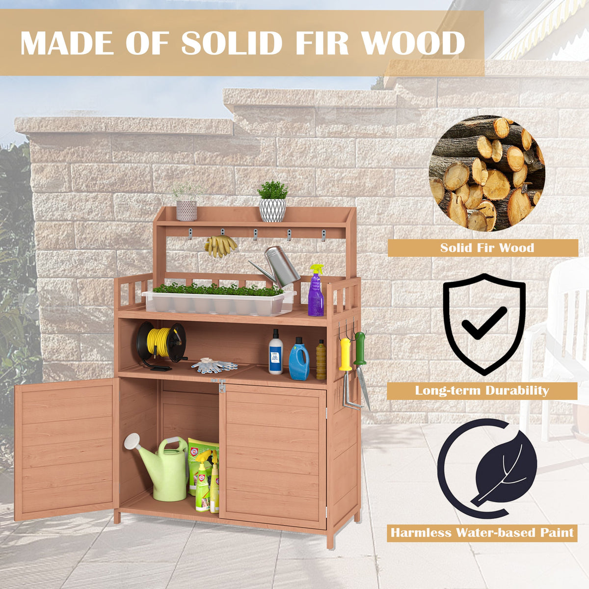 39-Inch Solid Fir Wood Potting Bench with Storage Cabinet & Top Shelf