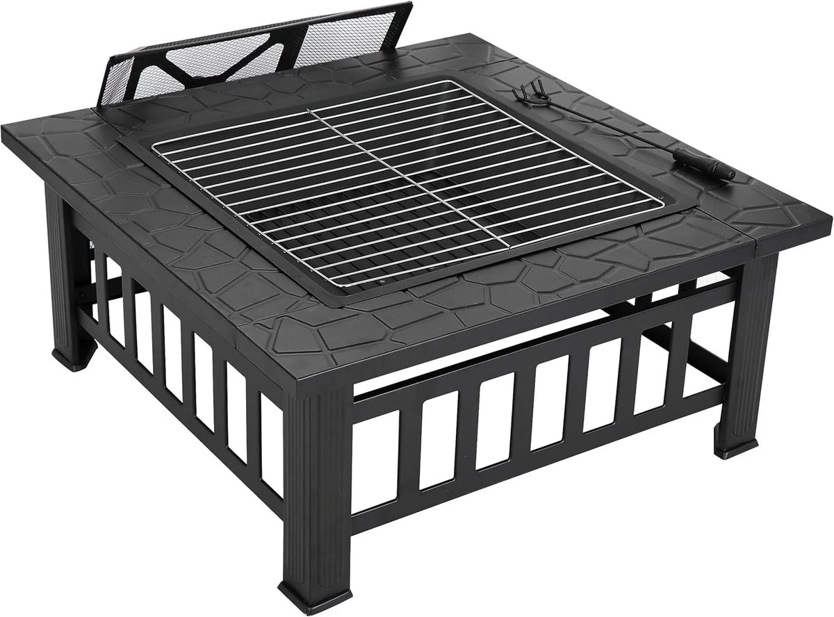 32" Square Outdoor Fire Pit with Spark Screen, Poker & Rain Cover