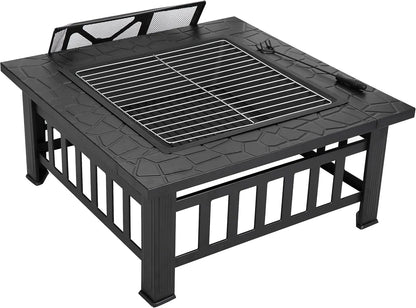 32" Square Outdoor Fire Pit with Spark Screen, Poker & Rain Cover