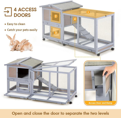 Two-Level Wooden Rabbit Hutch with 3 Trays & 6 Wheels – Gray