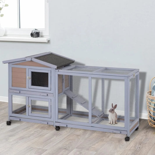 Two-Level Wooden Rabbit Hutch with Wheels & Removable Tray – Gray