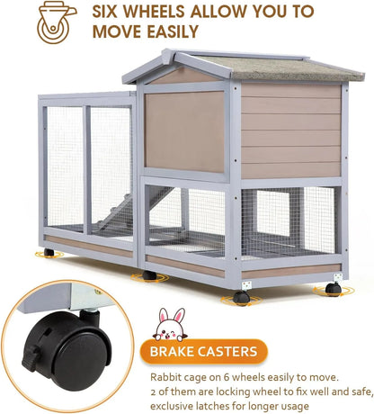 Two-Level Wooden Rabbit Hutch with 3 Trays & 6 Wheels – Gray