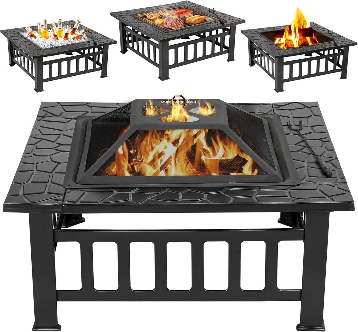 32" Square Outdoor Fire Pit with Spark Screen, Poker & Rain Cover
